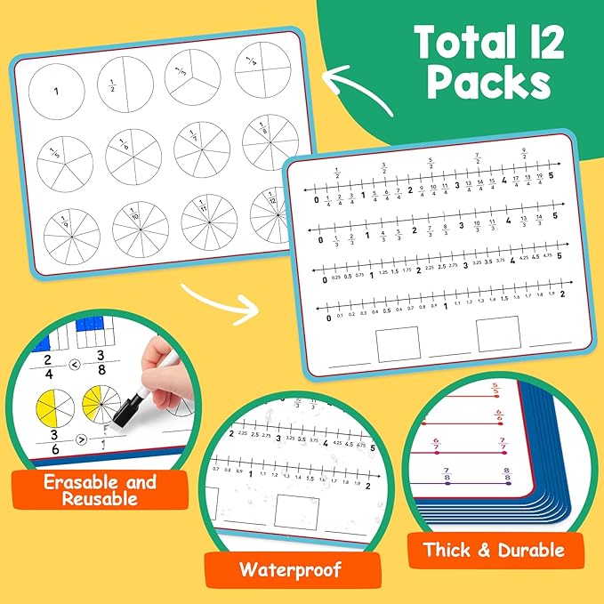 Aizweb 12 Pack Fraction Manipulatives Dry Erase Board,12"x9" Fraction Number Line Bars,Montessori Math Manipulatives Games Flash Cards for 4th-8th Grade Kids,Homeschool Classroom Teaching Supplies
