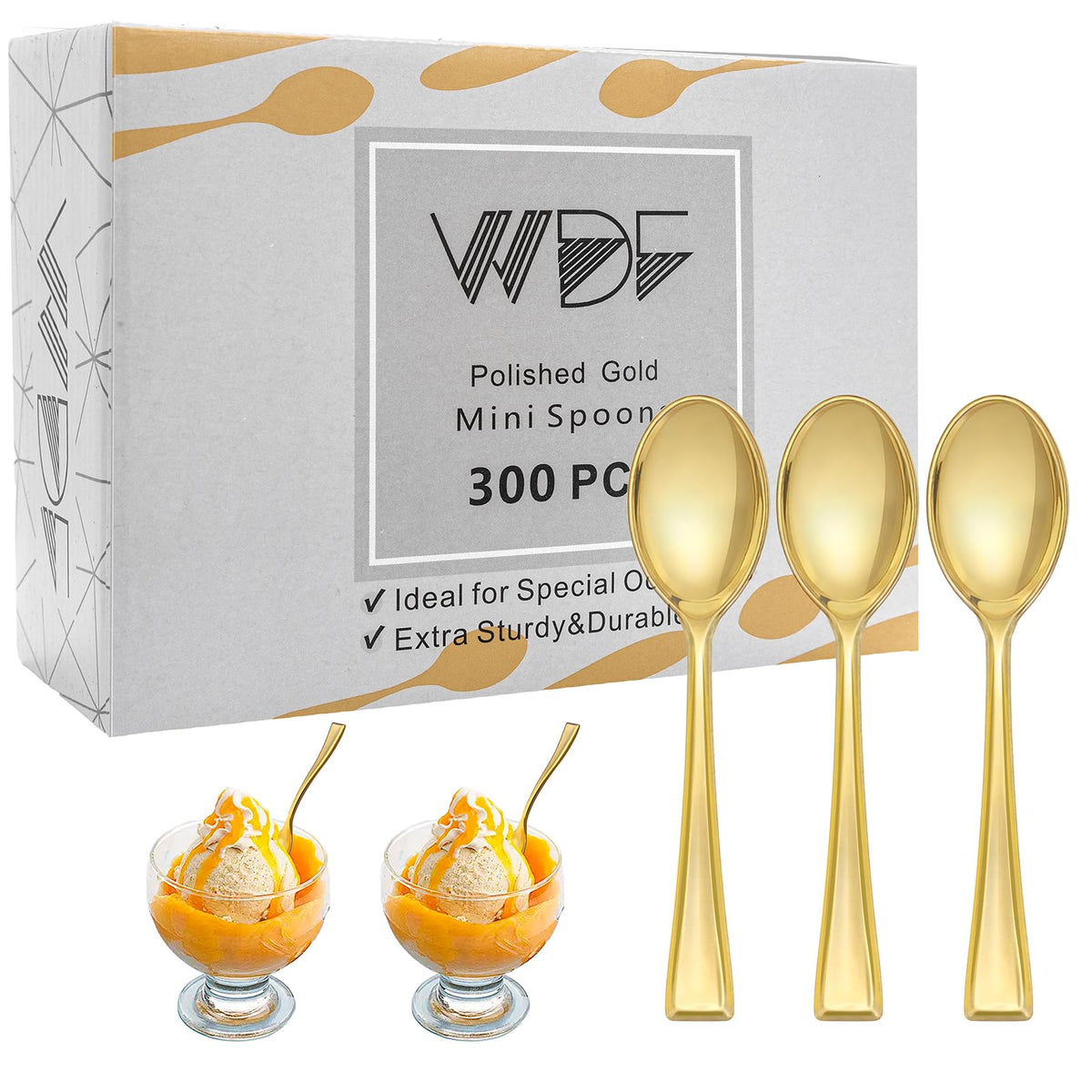 WDF 300PCS Plastic Gold Mini Spoons - 4 Inches Gold Plastic Desserts Spoons, Heavy Duty Disposable Spoons Perfect for Coffee, Cake, Appetizers,Ice Cream,Wedding, Birthday, Party