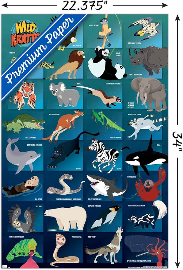 Wild Kratts - Grid Wall Poster, 34L" x 22.4W", Premium Poster & Clip Bundle