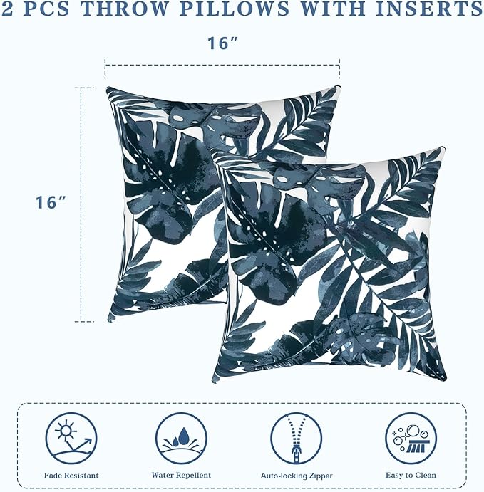 LVTXIII Outdoor Throw Pillows, Decorative Throw Pillows with Inserts, 16"x16" Square Pillows for Bed, Couch, Sofa and Patio Furniture, Set of 2, Palm Blue