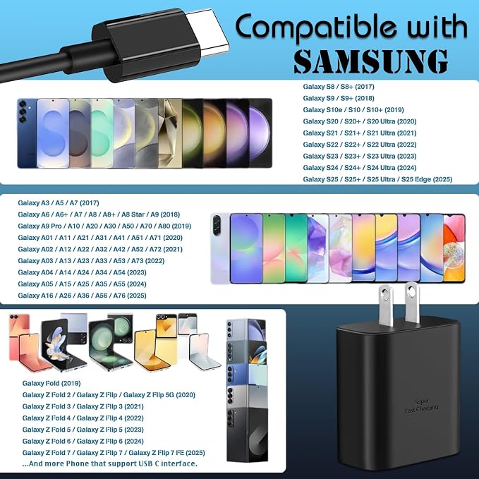 45W Samsung Super Fast Charger Type C to Type C Android Charger Fast USBC Charging Cable 6ft Compatible for Samsung Galaxy S25 ultra S24 S23 S22 S21 S20 S10 S9 A56 A55 A54 A53 A36 A35 A16 A15 A14 A17