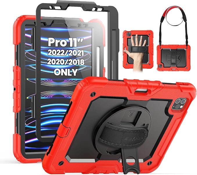SEYMAC Case for iPad Pro 11 4th/3rd/2nd/1st Gen 2022-2018 Black | Full-Body Shockproof Protective Built-in Screen Protector 360° Rotating Stand Hand/Shoulder Strap Pencil holder