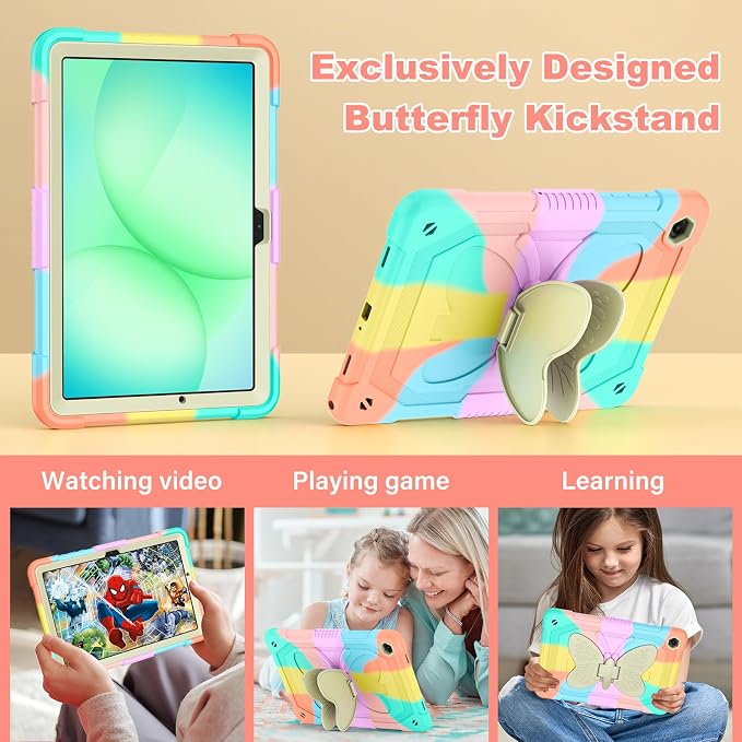 Cover for Samsung Galaxy Tab A11+ Plus/A9+ Plus Case with Screen Protector Galaxy Tab A11+/A9+ 11 inch 2025/2023 Released with Butterfly Stand Shoulder Strap Shockproof case for Kids Girl Colorful