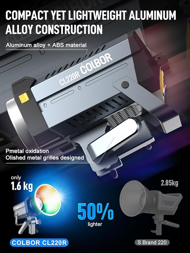 Video Light, COLBOR CL220R RGB 250W Max Continuous Lighting 2700-6500K CRI97+ 31,400Lux@3.3ft COB Studio Light with Bowens Mount APP 13 Light Effects for Film Live, Video-Light-Studio-LED-Photography