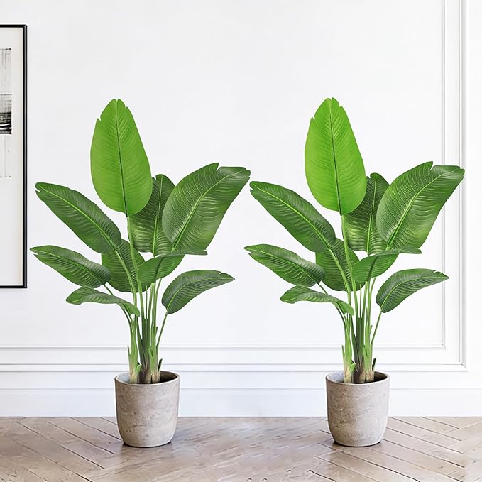 2 Pack Birds of Paradise Plant Artificial, 4FT Fake Plants Faux Banana Leaf Tree with 9 Banana Leaves, Lifelike Tall Fake Tropical Indoor Silk Floor Plant in Black Pot for House,Office,Room,Home Decor