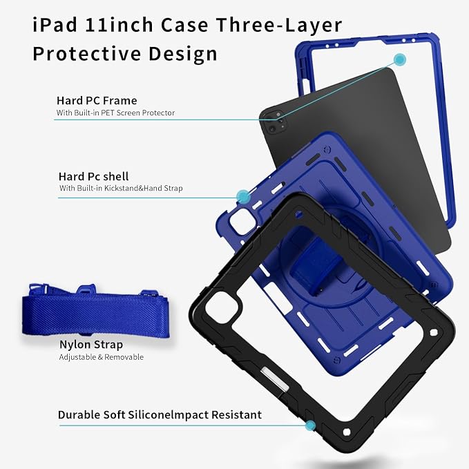 iPad Pro 11 inch Case with Rotating Stand &amp Shoulder Strap Heavy Duty Shockproof Cover with Pencil Holder for iPad Pro 11-inch 4th/3rd/2nd/1st Gen (Black)