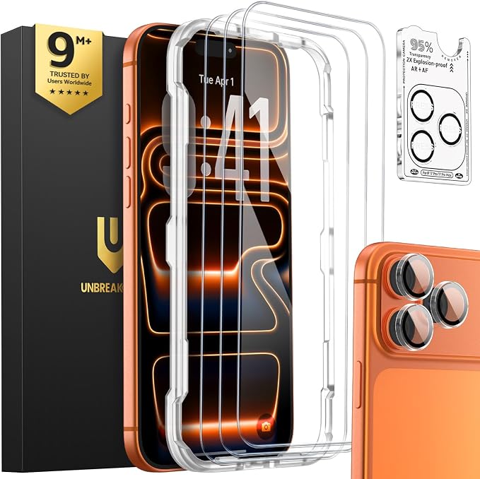 UNBREAKcable iPhone 15 Screen Protector 3-Pack Upgraded Dual-Tempered Glass + 3 Camera Lens Protectors Military-Grade 9H Hardness HD Clarity Anti-Fingerprint Case Friendly 6.1 Inch | Upgraded Du