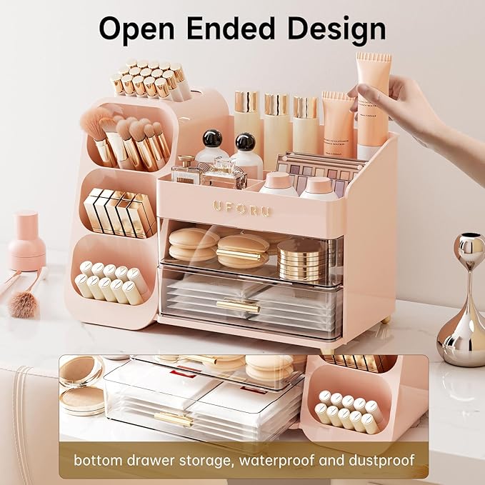 Makeup Organizer for Vanity with Brush Holder, Countertop Organizer with 2 Drawers, Spacious Cosmetic Display Case for Beauty Essential, Skincare, Lipstick