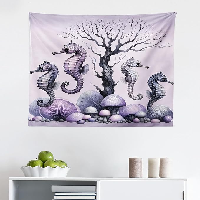 Ambesonne Purple Tapestry, Dried Tree with Mushrooms in Lilac Color Palette and Huge Seahorse Prints, Fabric Wall Hanging Decor for Bedroom Living Room Dorm, 28" X 23", Mauve and Lavender