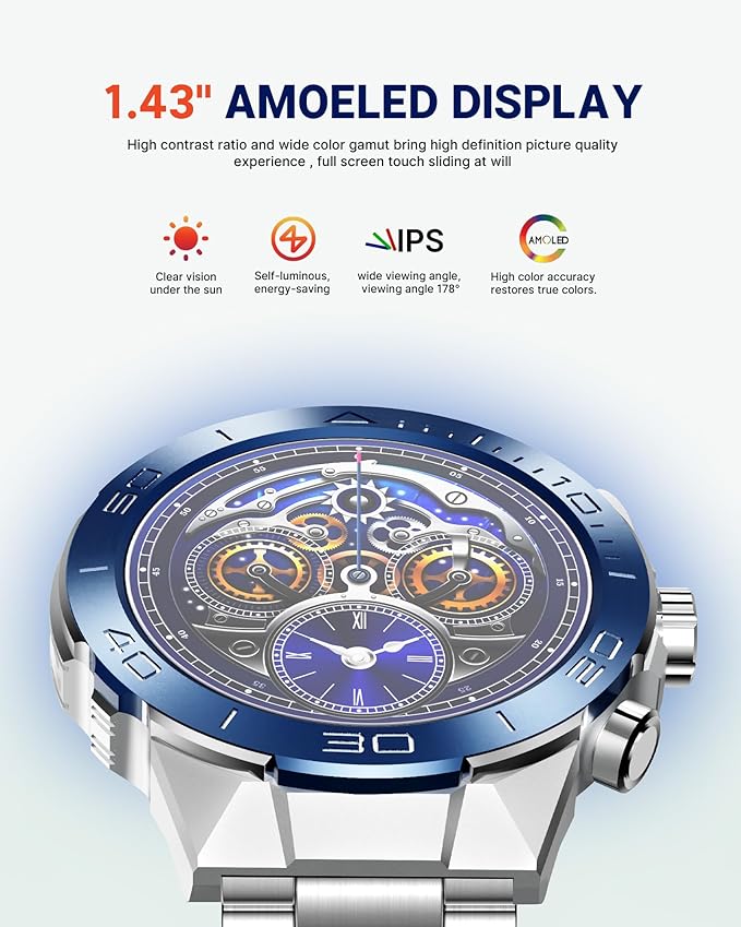 SOUYIE Smart Watch for Men,1.43''AMOLED Screen with 24 Hours Healthy Monitor, 100+ Sports Modes Fitness Tracker Watch, High-Capacity Battery Pedometer Calorie Smartwatch Compatible Android iOS
