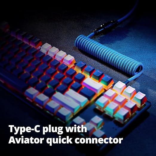 GUNMJO Pro Custom Coiled USB C Cable for Gaming Keyboard Double-Sleeved Mechanical Keyboard Cable with Detachable Metal Aviator 1.5M USB-C to USB-A Blue Color