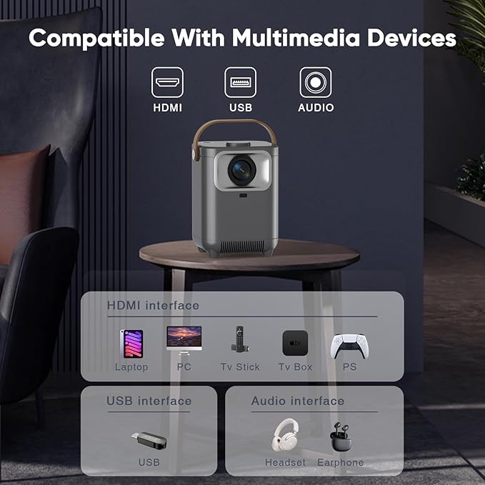 【Electric Focus & Auto Keystone】TMY Portable Projector with WiFi and Bluetooth, 1080P Projector with Zoom, Movie Projector for Phone/Laptop/TV Stick/HDMI/USB, Mini Projector for Bedroom or Outdoor