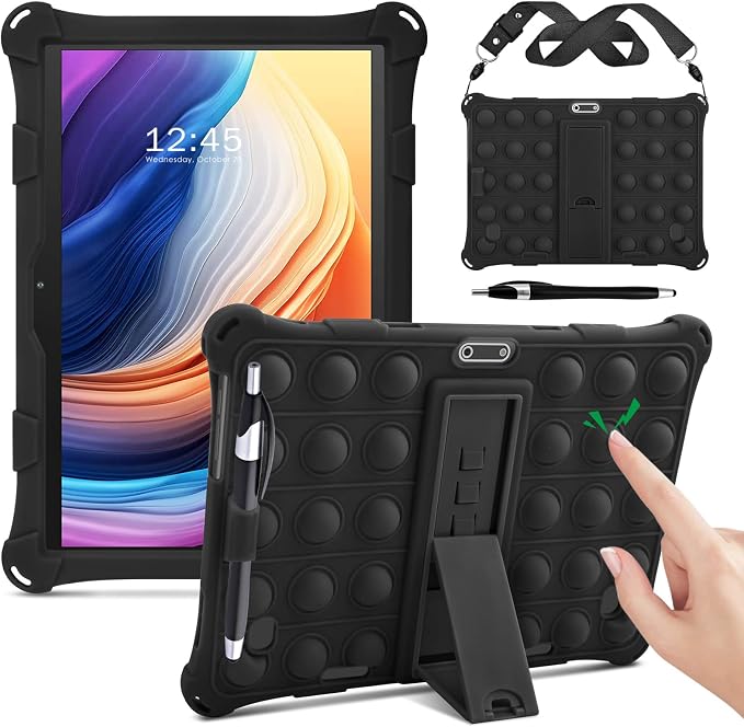 DETUOSI Silicone Case for 10.1 inch Tablet Multi-Angle Case Black | with Shoulder Strap and Stylus Pen Adjustable Stand Built-in Pen Holder Funny Protective Cover for 10.1 inch Tablet