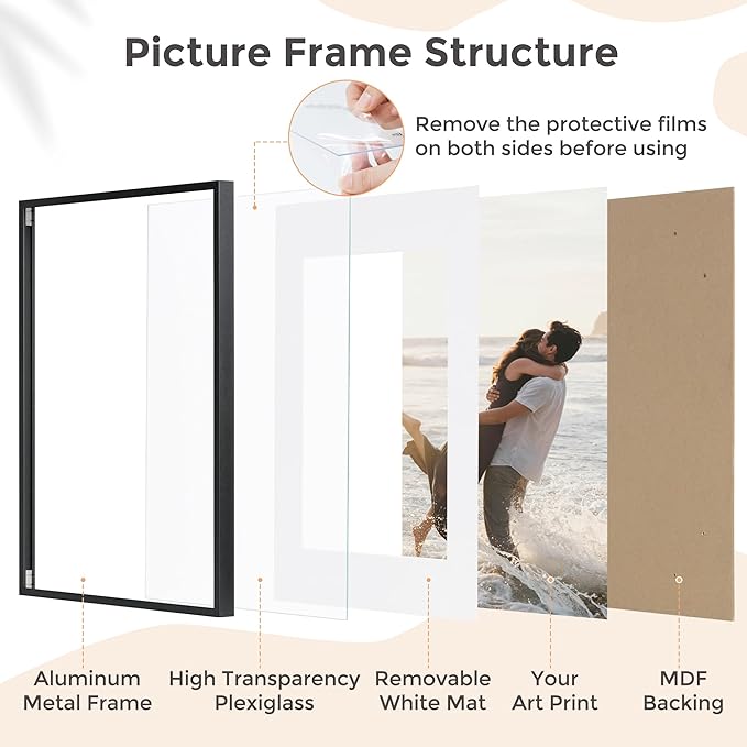 8x10 Picture Frame - 8 by 10 Metal Picture Frame With Mat | 8 x 10 Aluminum Photo Frame | Plexiglass And Hanging Hardware Included | 8x10 Gold Frame, Set of 3, Black