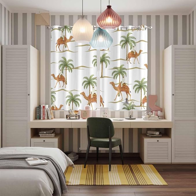 2 Panel Kitchen Cafe Curtains, Desert Camels Sunlight Filtering Nature Air