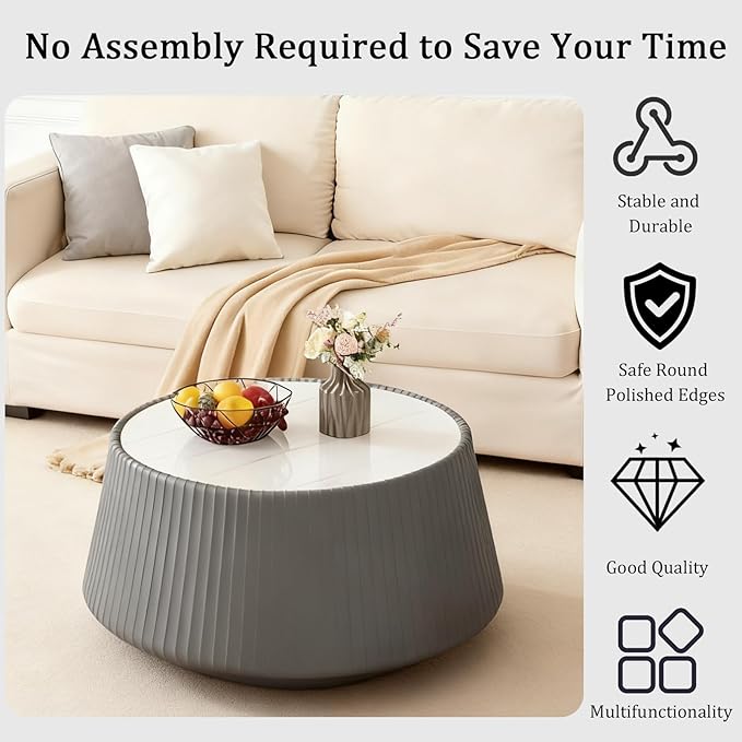 Grey Round Coffee Table with Sintered Stone Tabletop, 26.77" Drum Coffee Table with Fluted PU Leather Covered and Stable Base, Circle Cocktail Tea Table for Living Room