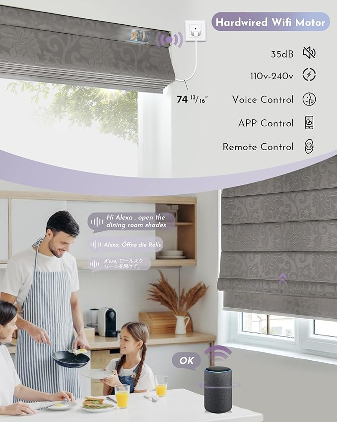Graywind Smart Roman Shades Compatible with Alexa Google WiFi Hardwired Automatic Blind Remote Light Filtering Plain Fold Soft Roman Window Shades for Windows Doors, Custom Size (Floral Grey Brown)