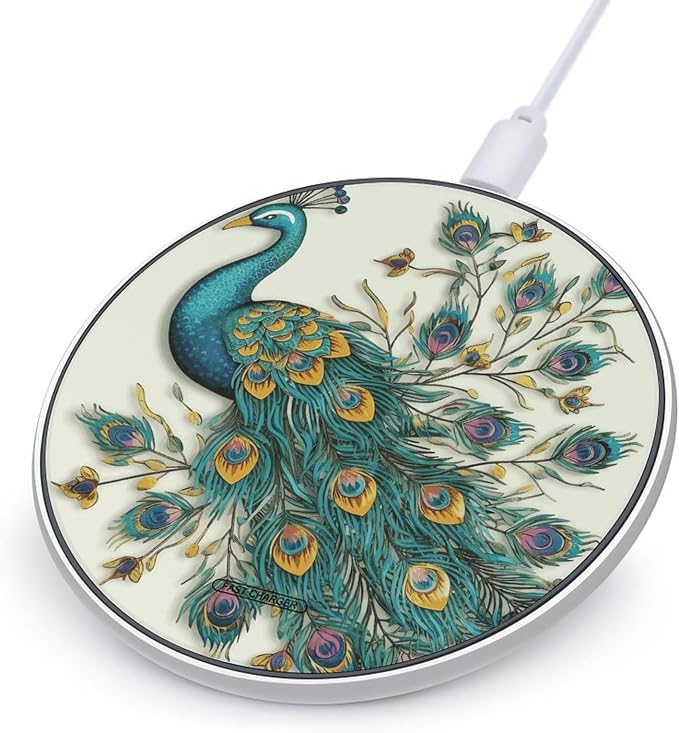 Peacock Pattern Wireless Charger 10W Fast Charging Pad Anti-Slip Qi Certified Wireless Charging Pad Charging Station Portable Phone Charger for All Wireless Charging Smartphone