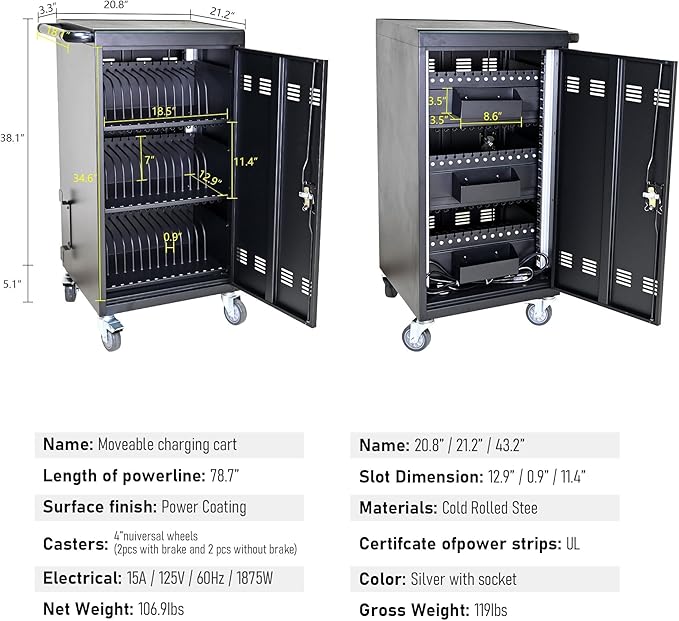 45-Bay Mobile Charging Cart with Keyed Lock, Steel Laptop & Tablet Charging Cabinet with Cable Management, Rolling Power Station for Classroom, Office, School, Library