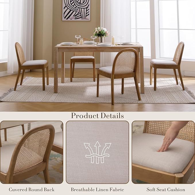 HEAH-YO Rattan Dining Chairs Set of 2, Upholstered Linen Dining Room Chairs with Backrests, Modern Kitchen Chairs with Wood Legs for Dining Room, Beige