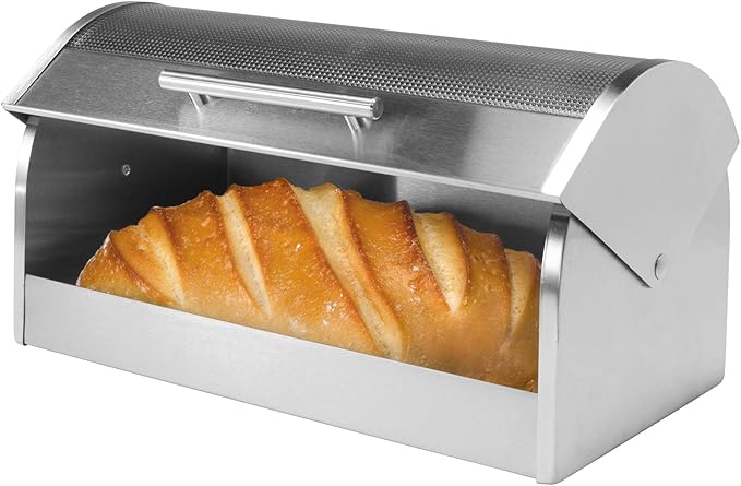 Oggi Stainless Steel Roll Top Bread Box for Kitchen Countertop with Tempered Glass Lid - Fits Multiple Large Loaves of Bread and Other Freshly Baked Goods Including Cookies, Bagels, Muffins