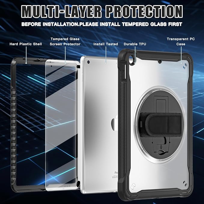 BLOSOMEET Clear Case for iPad 9th/8th/7th Generation 2021/2020/2019 10.2 Inch with Tempered Glass Screen Protector &amp Pencil HolderDrop-Proof iPad 10.2 Case w/Stand Hand Shoulder StrapBlack