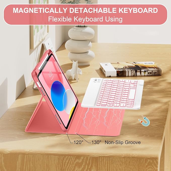 Soke for iPad (A16) 11th/10th Gen Case with Keyboard Black Marble | For iPad 11/10.9 inch(2025/2022) 7 Color Backlight Magnetic wireless Detachable Keyboard Case Built-in Pencil Holder