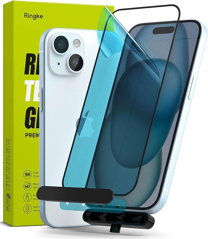 Ringke Full Cover Glass [Super Easy to Install] Compatible with iPhone 15 Screen Protector Case Friendly Shatterproof Premium 9H Hardness Tempered Glass with Installation Tool