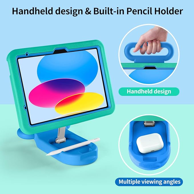 Kids Case for iPad (A16) 11th/10th Gen 10.9'' 2025/2022Adjustable Portrait/Landscape Stand/Drop Proof with HandleChild Friendly Case for iPad Air 11 (M4/M3/M2) 2026/2025/2024 (BlackBlue)