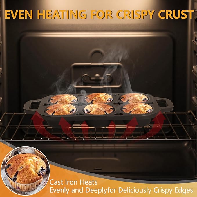 COSORM 6 Cup Cast Iron Muffin Pan - Pre-Seasoned Nonstick Muffin Tin, Regular Size Cupcake Baking Pan