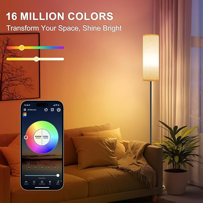 FRIDEKO HOME Floor Lamp, Color Changing Ambient Lighting for Living Room & Gaming Decor, Smart Standing Lamp with App & Remote Control, Tall Corner Lamp for Bedroom, 9W 800LM, Foot Switch, Beige Shade
