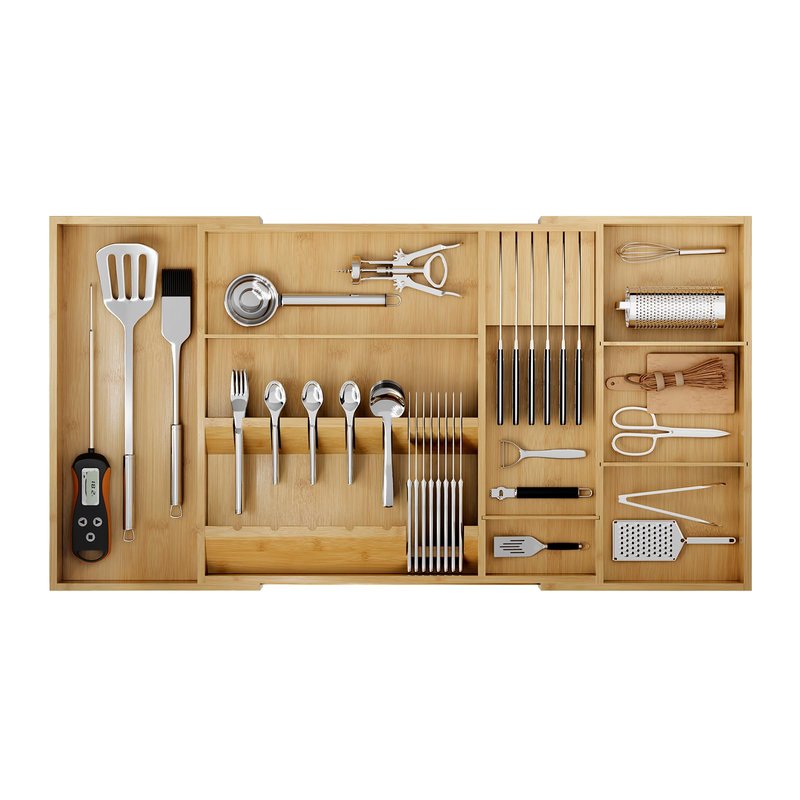 Landmok Bamboo Silverware Drawer Organizer, 17.72-29.53 Inch Expandable Large Kitchen Drawer Organizer, 5-8 Slot Flatware with Removable Card Slots & Knife Block for Spoon Butter Knive, Natural
