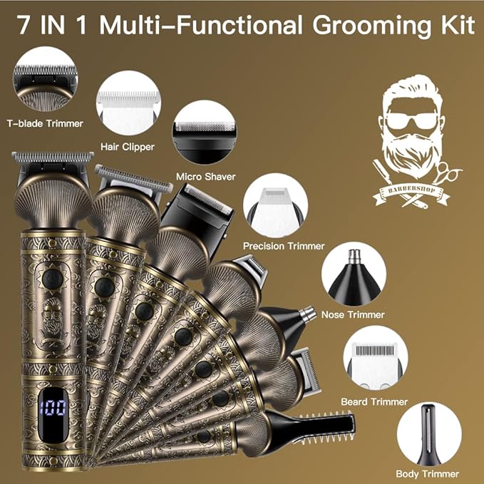 Scttomon Beard Trimmer Kit Professional Hair Clipper Zero Gapped T-Blade Electric Shaver Razor Nose Body Trimmer for Men Cordless Grooming Kit 7 in 1