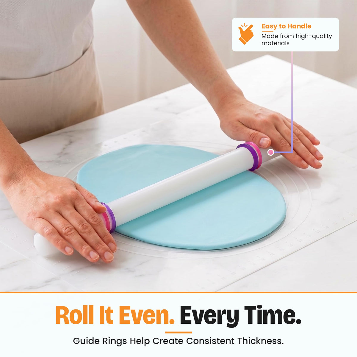 Bakerpan Fondant Roller Set - 3 Fondant Rolling Pins with Thickness Guide Rings for Fondant, Gum Paste, Sugar Paste & Cake Decorating - 19.5", 13" & 9"