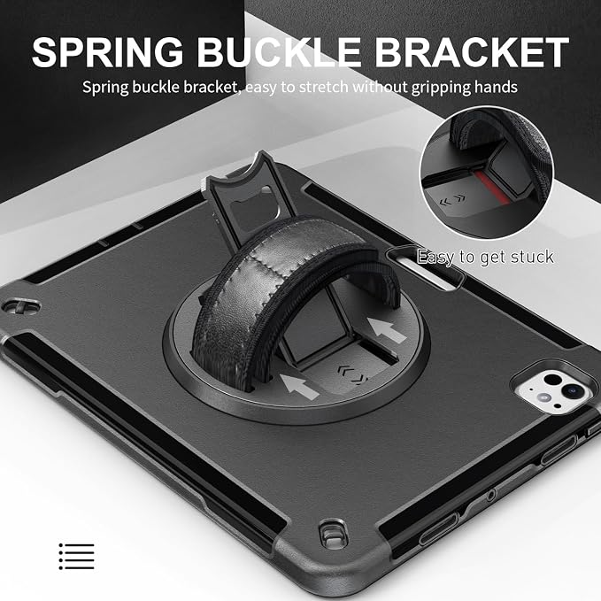 Junfire Protective Case for iPad Pro 11-inch M5/M4-Black | Hand Strap 360°Rotating Kickstand Carrying Shoulder Belt， Pencil Holder Shockproof Rugged
