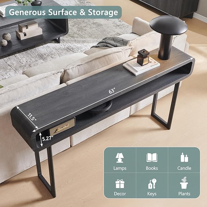 63-Inch Long Console Table, 31.5" Tall Modern Entryway Table with Open Storage Shelf, Curved Profile Design, Narrow Wood Sofa Table Behind Couch Table for Living Room, Hallway, Foyer, Dark Grey