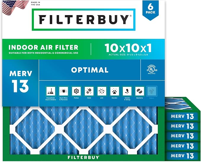 Filterbuy 10x10x1 Air Filter MERV 13 Optimal Smoke & Allergy Defense,