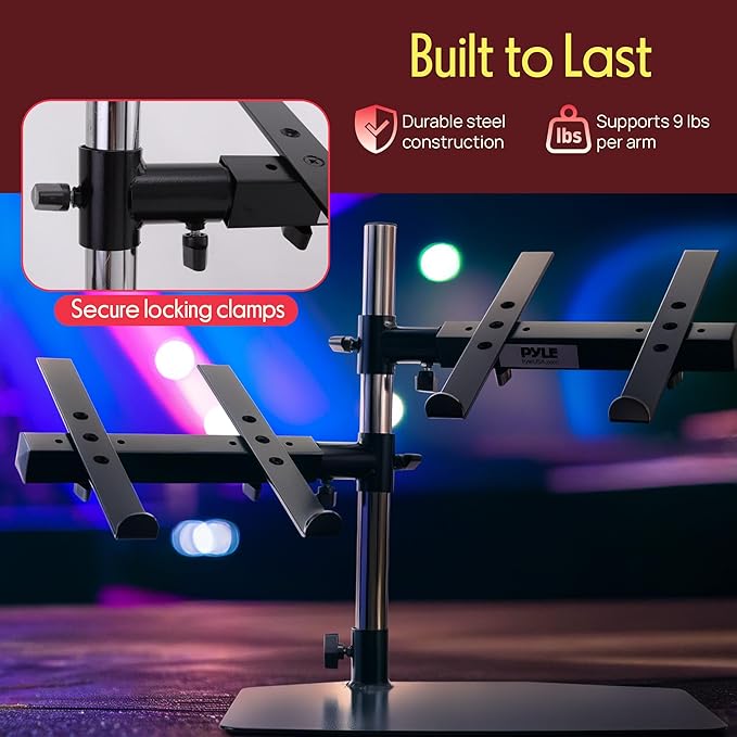 Pyle Portable Dual Laptop Stand – Standing Table Holder with Bracket Arms,Adjustable Height,Ergonomic Design, 360° Swivel for DJ Mixer,Sound Equipment,Workstation,Gaming & Home Use with Tilt Function