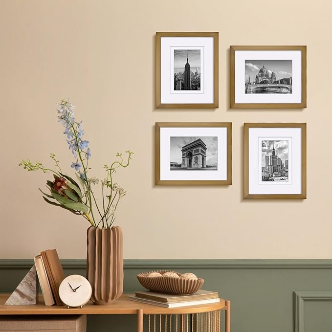 Egofine 8x10 Picture Frame Made of Solid Wood with Plexiglass, Display Pictures 4x6/5x7 with Mat or 8x10 without Mat, for Table Top and Wall Mounting Photo Frame, Light Brown