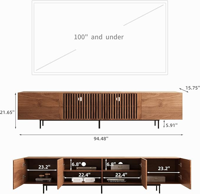 NessCarsti Mid Century Modern TV Stand for 80+ Inch TVs, 94.48" Walnut Console with Ample Storage – Stylish Entertainment Center for Living Room or Bedroom