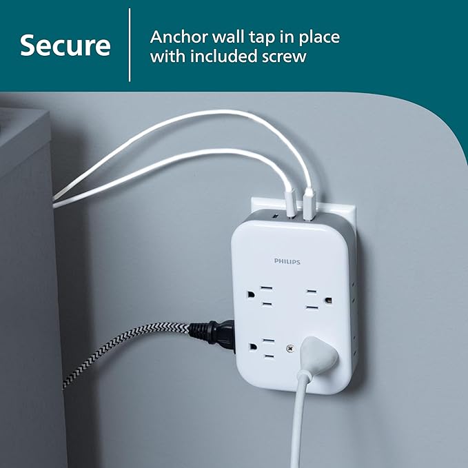 Philips All-in-One Surge Tap with USB, 4 Grounded & 4 Polarized Outlets, 2 USB-C & 1 USB-A Ports, 15W Shared, 1140 Joules, ETL Certified, White/Gray, SPP3453GW/37