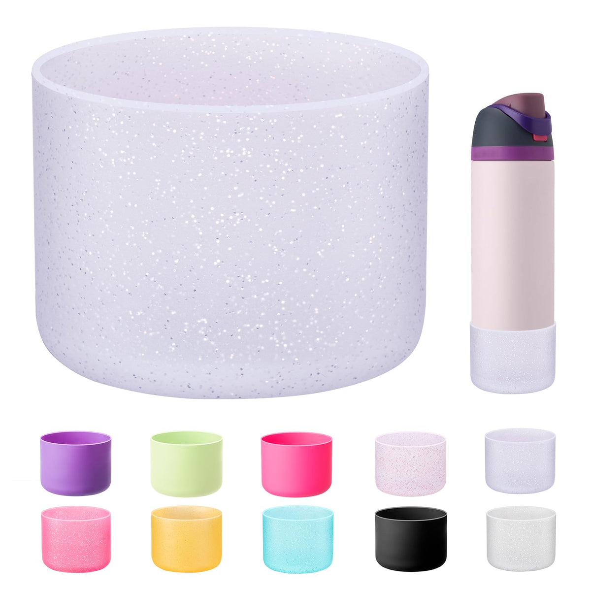 Bluwing Silicone Water Bottle Boot for Owala 24 oz, Anti-Slip Protective Sleeve Bottom for Owala 24oz FreeSip/Twist/Flip Insulated Water Bottle(Glitter Purple)