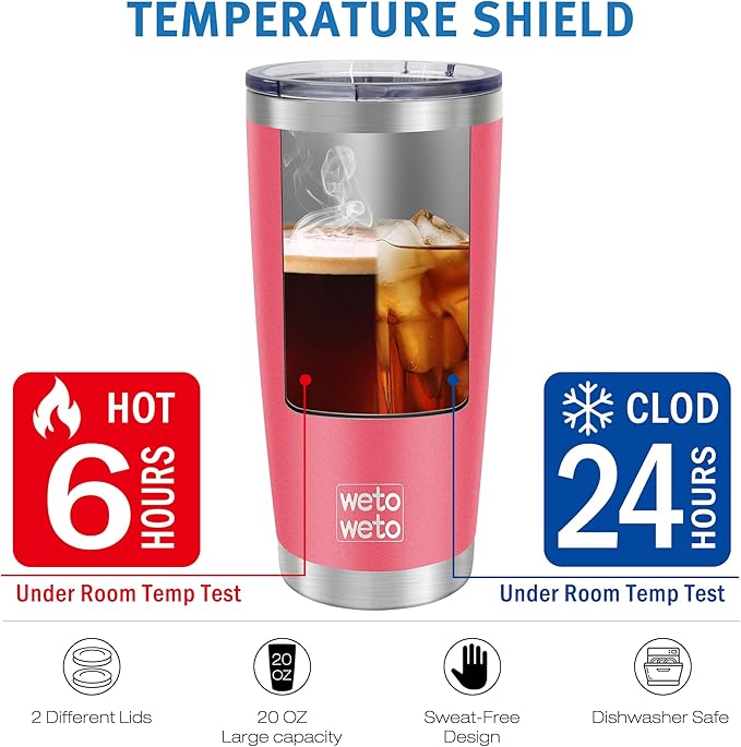WETOWETO 20oz Tumbler with 2 lids and 2 straws, Stainless Steel Vacuum Insulated Water Coffee Tumbler Cup with Handle, Double Wall Powder Coated Travel Mug Thermal Cup (Watermelon Red, 1 Pack)