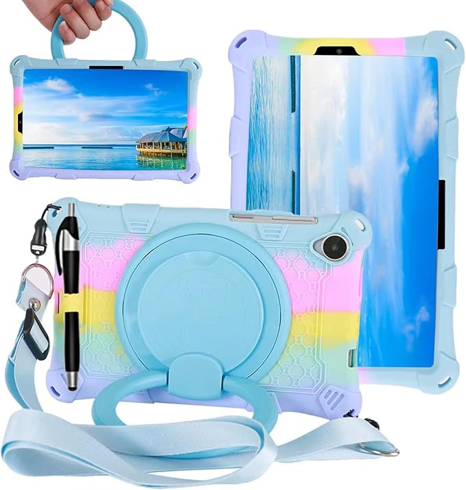 Tablet Case for Lenovo M8 TB300XU/TB-8505F/TB-8705F/TB-8506FSoft Anti-Stress Silicone Case with Rotate Stand/Pencil Holder/Shoulder Strap/Pen for Lenovo Tab M8 8 inch (Colorful Light Blue)