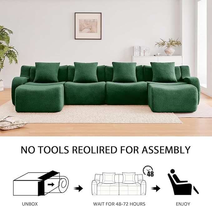 Green 4-Seater Cloud Couch, Modern Teddy Fabric Boneless Sectional Sofa in a Box for Living Room, Modular Floor Couch, Comfortable Deep Seat, No Assembly Required, Sofas para Sala