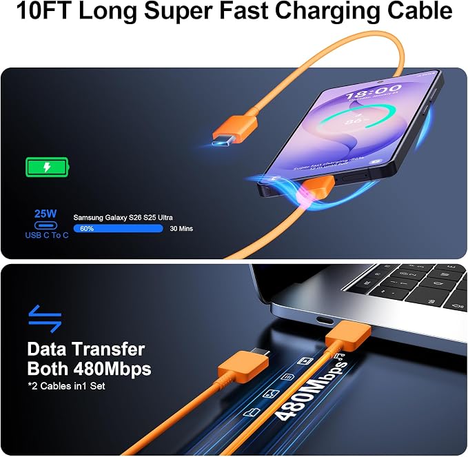 Super Fast Charger Type C 25W USB C Wall Charger Fast Charging for Samsung Galaxy S26 Ultra/S26/S26+/S25 Ultra/S25/24 Ultra/S24/S23 Ultra/S22 Ultra with 10FT Long Android Type C Charger Cable 2Pack