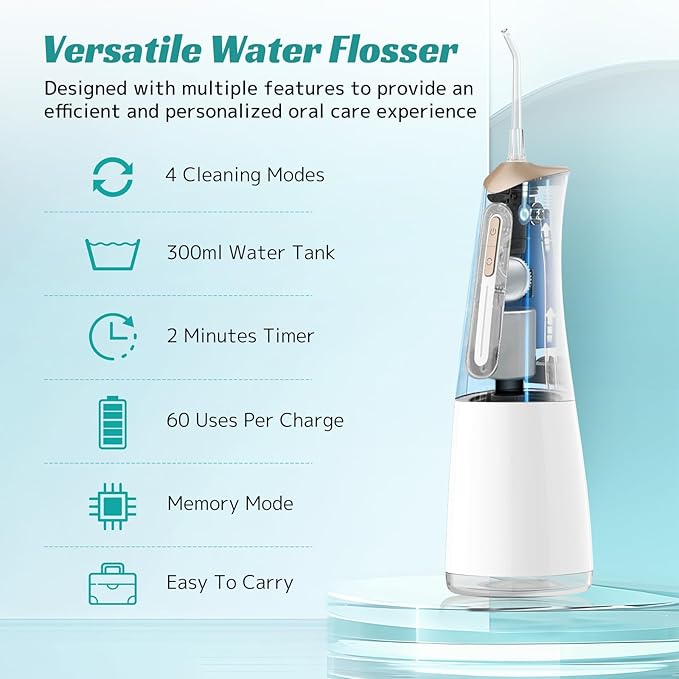 FlossJet Water Dental Flosser Cordless Oral Irrigator with 300ml 5 Tips 4 Modes USBCharger Portable Travle Irrigation Cleaner IPX7 Electric Irrigador Dental for Teeth Cleaning (White)