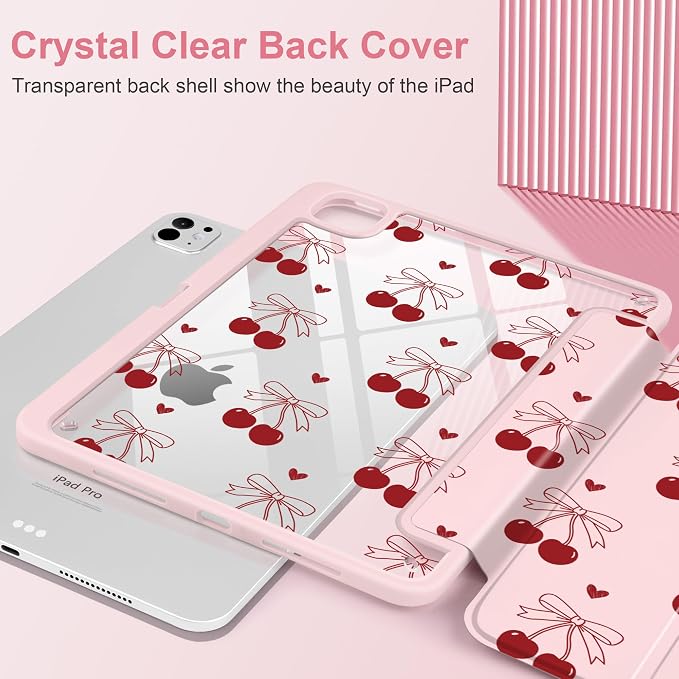 DONGKE for iPad Pro 11-Inch Case (M5 2025 / M4 2024) 6th/5th Generation [Auto Sleep/Wake &amp Pencil Pro Holder] Clear Acrylic Back Smart Trifold Stand Cover Bear &amp Cherry