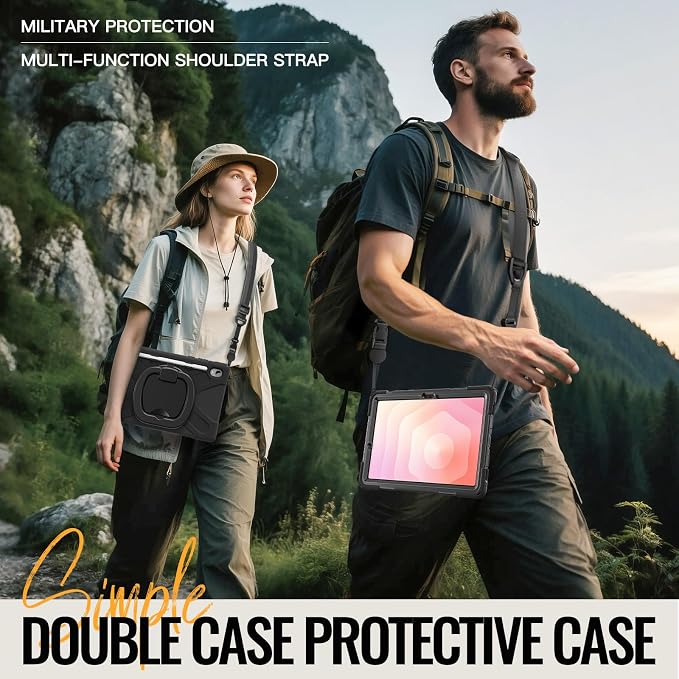 Batianda Heavy Duty Case for Samsung Galaxy Tab S11 2025 11 Inch with 360° Rotating Ring Stand &amp Shoulder Strap Built-in S Pen Holder Shockproof Rugged Multi-Layer Protective Cover Black