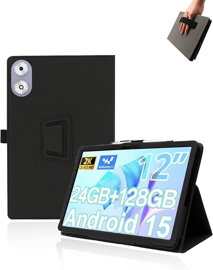 Case for Generic A116C Tablet 12 inch Android 15 TabletsUYRUREL Leather Slim Folding Stand Cover with Hand Strap Magnet for Men Women Full ProtectionBlack.